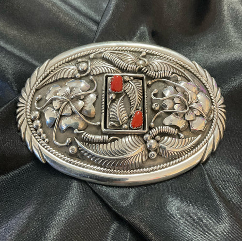 Turquoise and Red Coral Belt Buckle