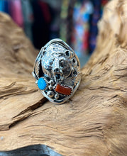 Sterling Silver Bear Men’s Ring w/ Sleeping Beauty Turquoise and Red Coral