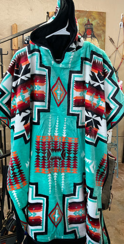 Native Print Plush Poncho W/Hood