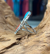 Sterling Silver Red Coral and Sleeping Beauty Turquoise Ring size 8.5