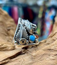 Sterling Silver Bear Men’s Ring w/ Sleeping Beauty Turquoise and Red Coral