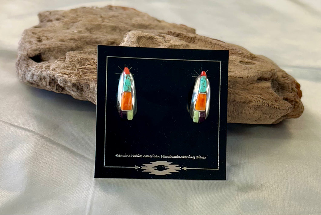 Sterling Silver Turquoise and Multi-Stone Inlay Earrings