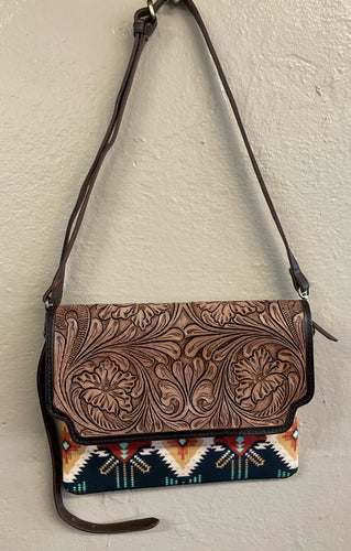 Native Print and Leather Crossbody Purse