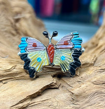 Sterling Silver Inlay Multi-Stone/Shell Butterfly Ring size 9.5