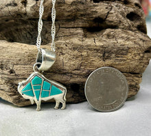Sterling Silver Inlay Buffalo Necklace w/ Kingman Turquoise 18"