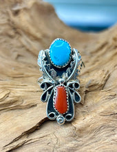 Sterling Silver Red Coral and Sleeping Beauty Turquoise Ring size 8.5