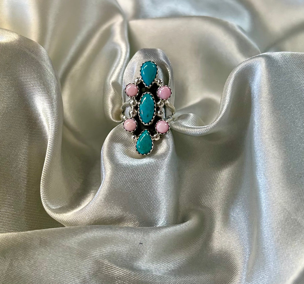 Sterling Silver Ring with Kingman Turquoise and Conch