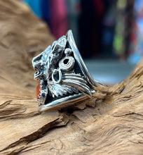Sterling Silver Bear Men’s Ring w/ Sleeping Beauty Turquoise and Red Coral