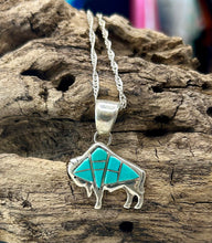 Sterling Silver Inlay Buffalo Necklace w/ Kingman Turquoise 18"