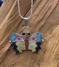Sterling Silver Inlay Multi Stone / Shell Butterfly Necklace