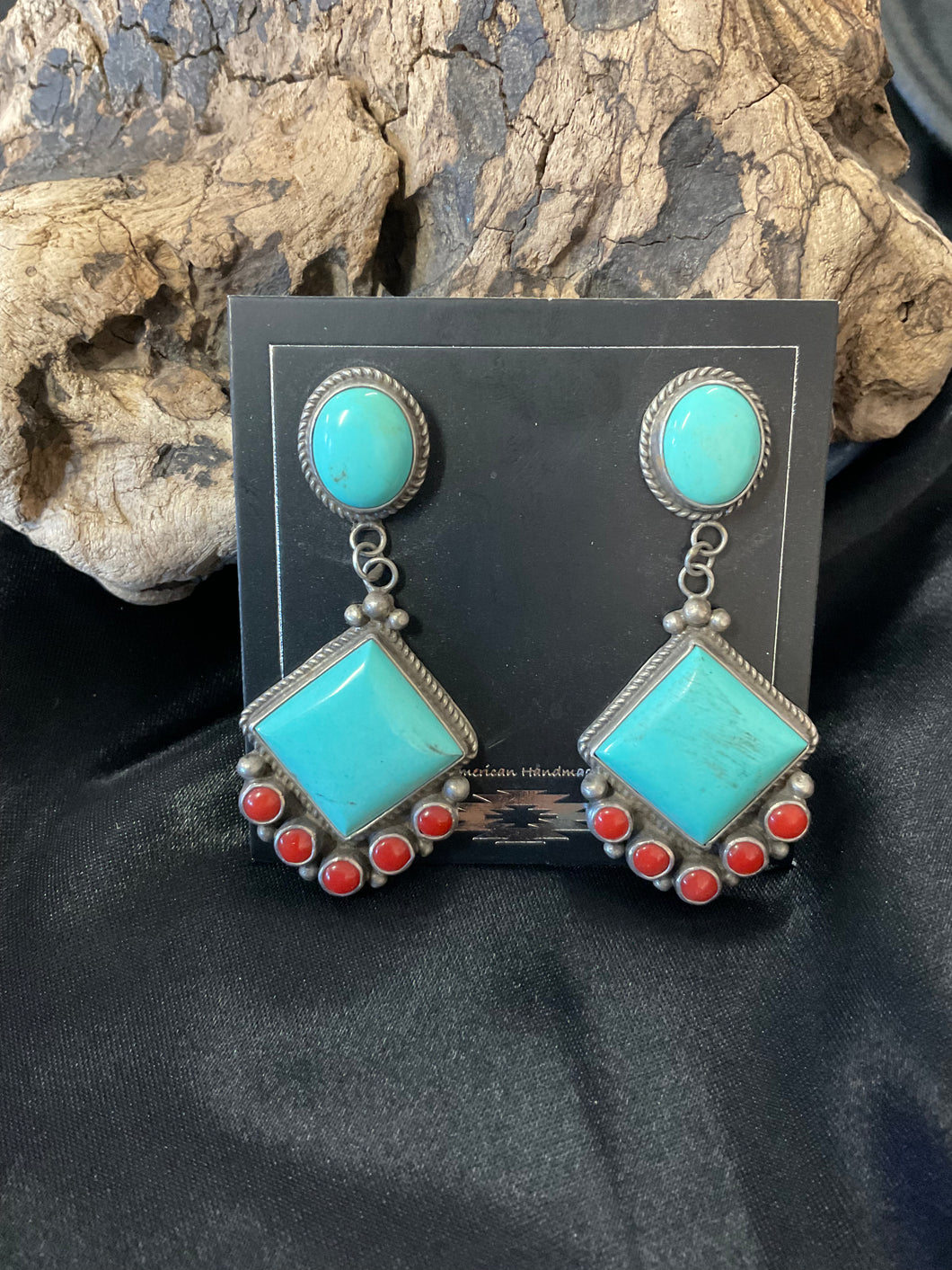 Turquoise and Red Coral Earrings