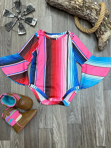 Pink Tone Serape Printed Baby Onesie With Snaps & Bell Sleeves