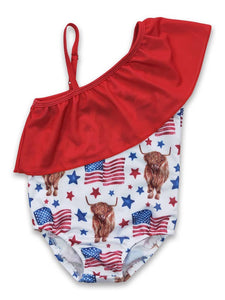 Highland cow flag one pc baby girls 4th of July swimsuit
